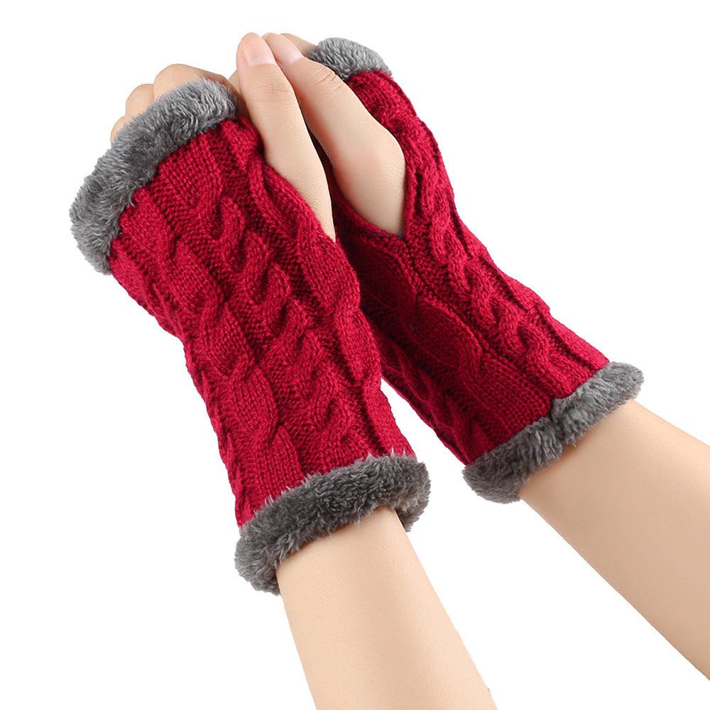 Winter Plush Gloves Twist Knitted Fingerless Fleece Gloves Women Warm Thickened Woolen Gloves - Nioor