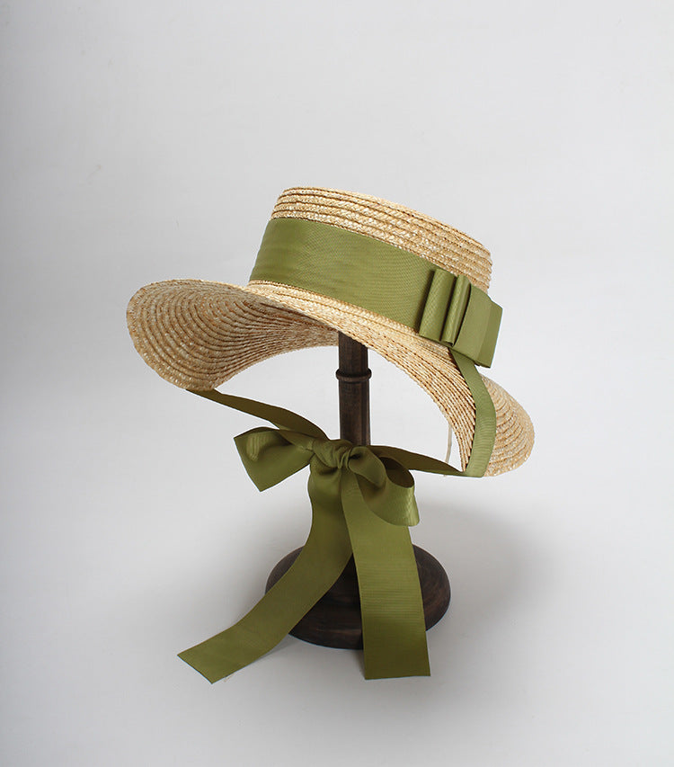 Women's Straw Hat Flat Top Fashion Green Bow Tie