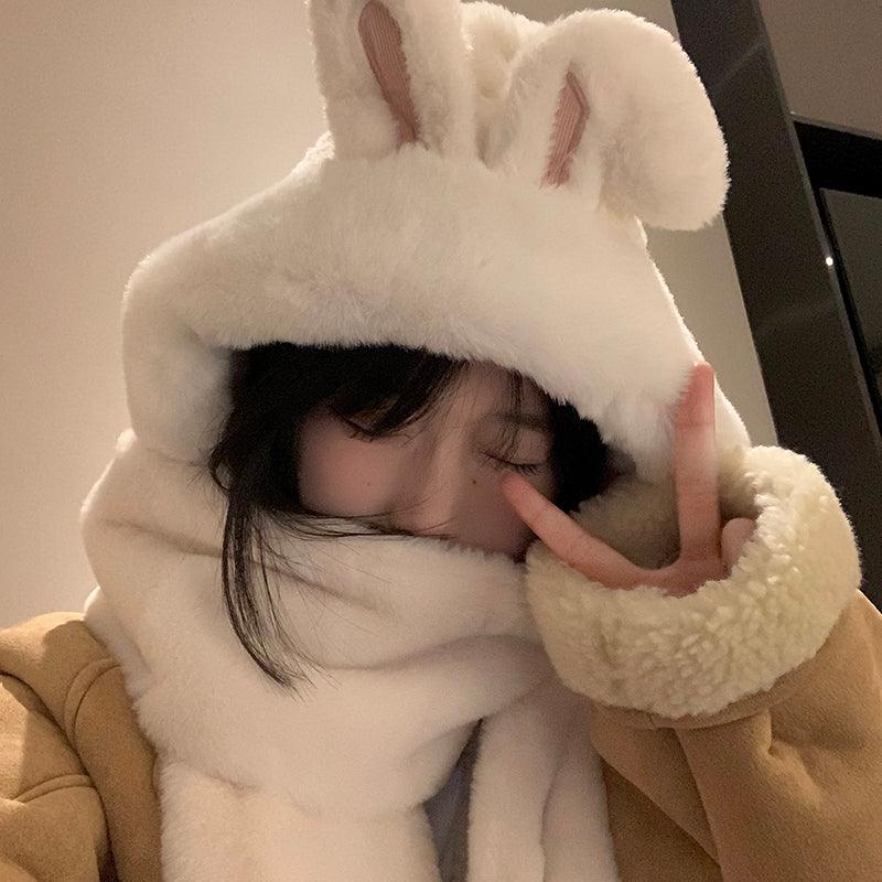 White Bunny Ears Hat And Scarf All In One - Nioor