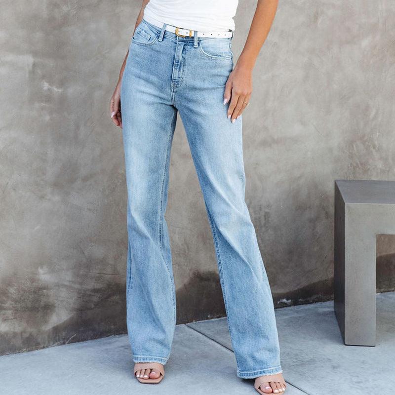 European And American Style Washed Fashionable All-match Mid-waist Denim Straight-leg Trousers - Nioor