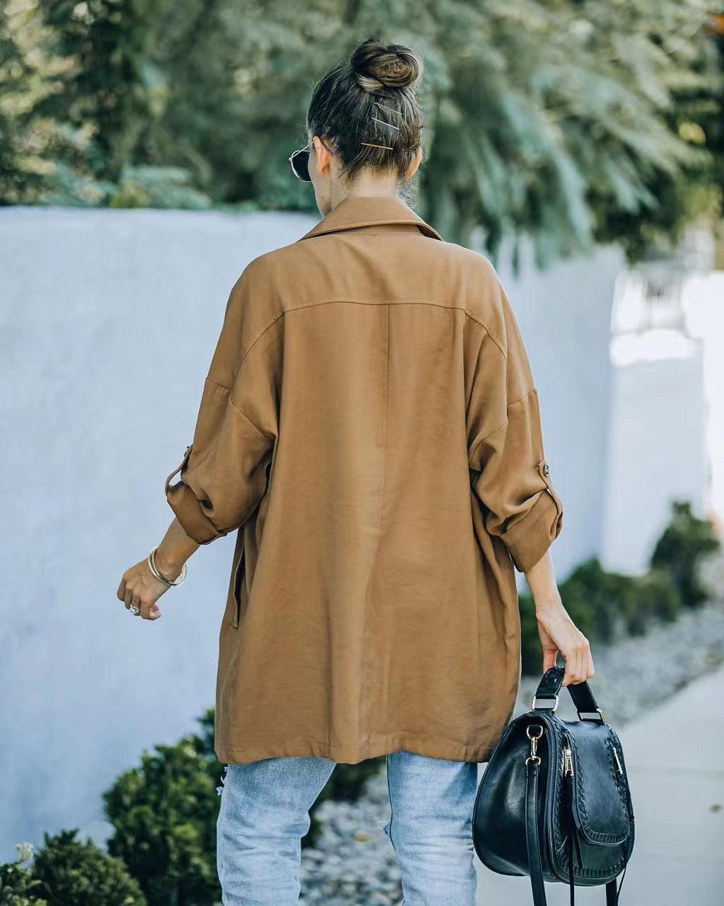 Medium Long Loose Casual Long Sleeve Trench Coat - Nioor