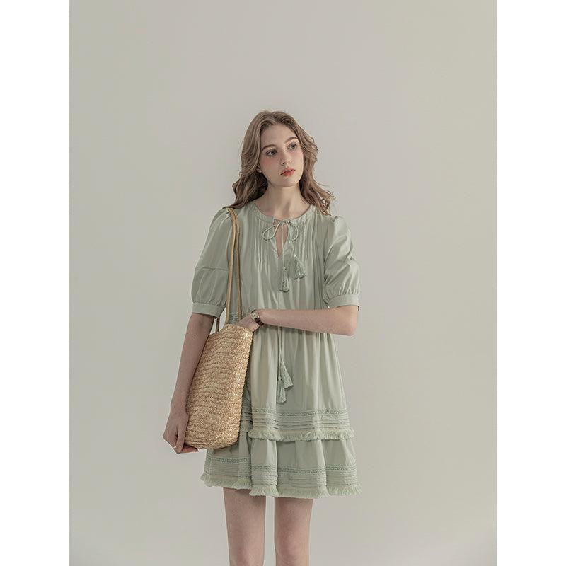 French Short Sleeves Round Neck Design Dress - Nioor