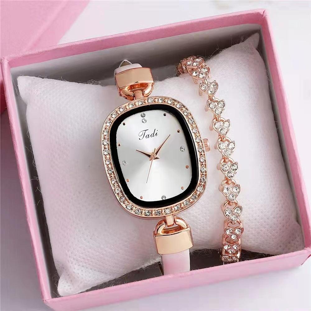 Women's Watch Bracelet Suit Two-piece Women's Quartz Watch Diamond Rhinestone Thin Belt Fashion Watch - Nioor