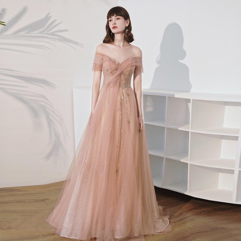 One Shoulder Slim Fairy Aura Light Gauze Bridesmaid Dress - Nioor