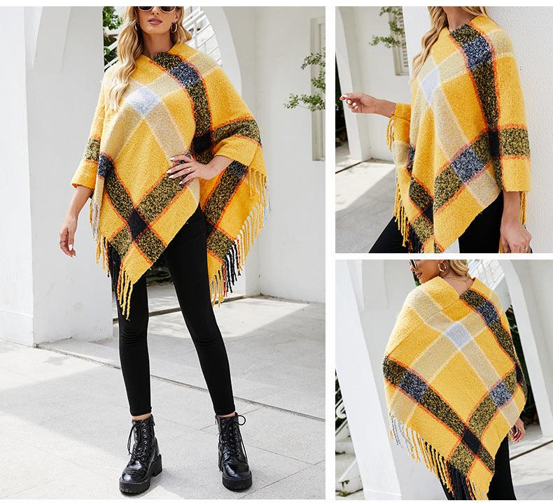 Cashmere Contrast Color Striped Cape Knitted Tassel Scarf - Nioor