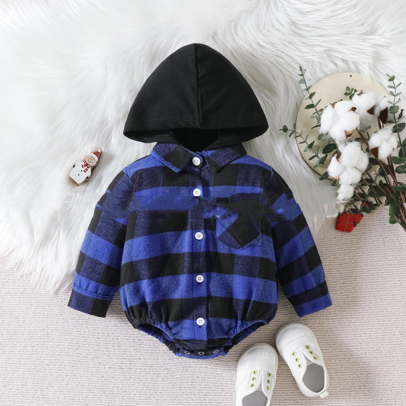 Baby Clothing Christmas Baby Plaid Button Hooded Jumpsuit