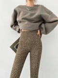 Nine Point Leopard Pattern Suede And Plush Leggings - Nioor