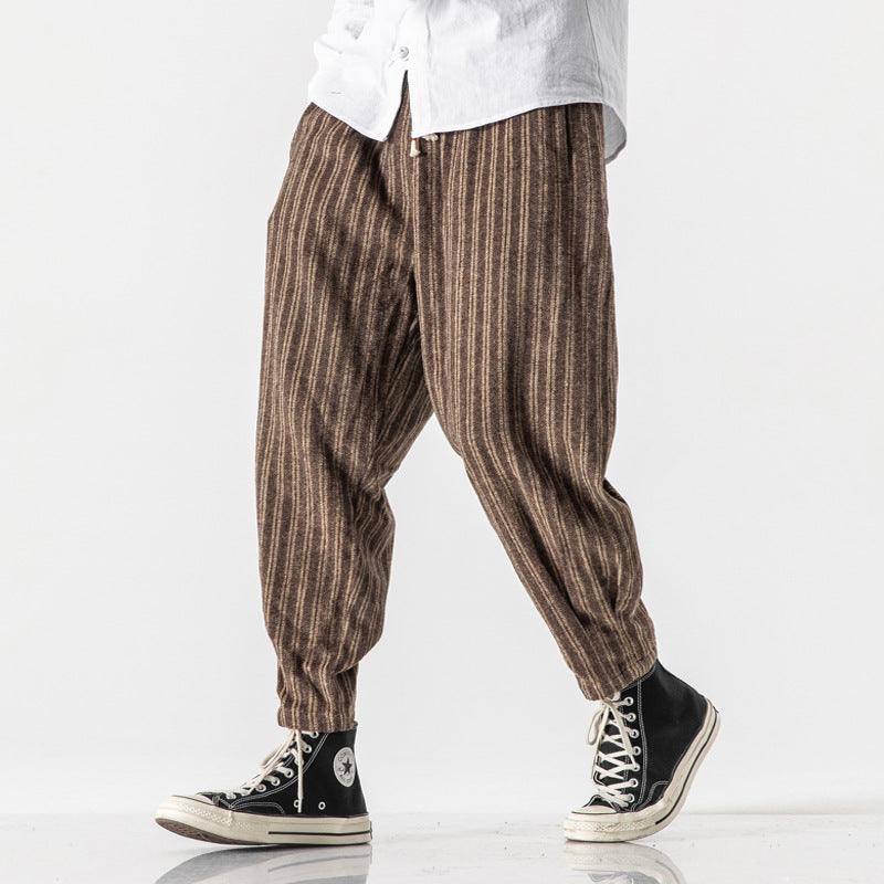 Striped Wool And Fleece Thickened Loose Chinese Style Overalls - Nioor