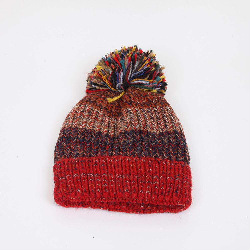 New Korean Style Cute Fur Ball Fishbone Color Stitching Thickened Women's Knitted Hat - Nioor