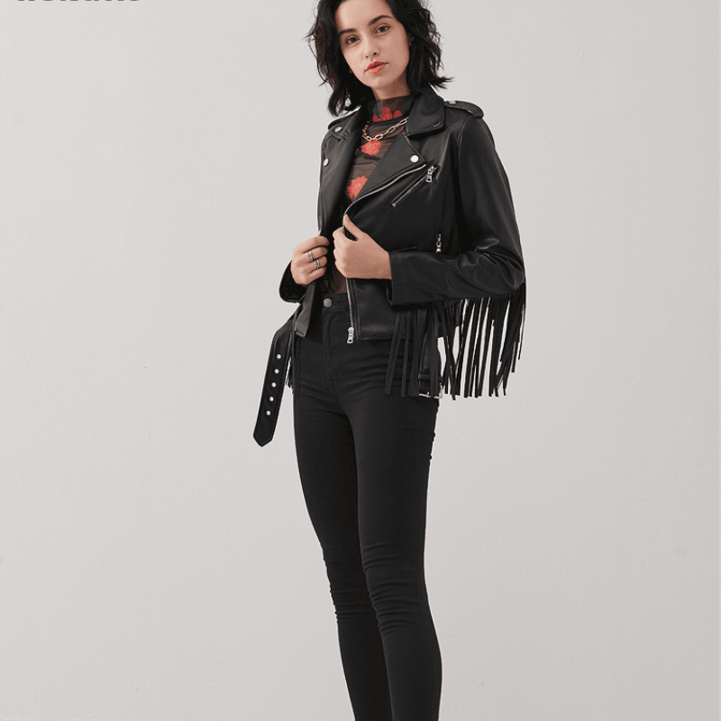 New Women's Tassel Short Slim Leather Jacket Motorcycle - Nioor