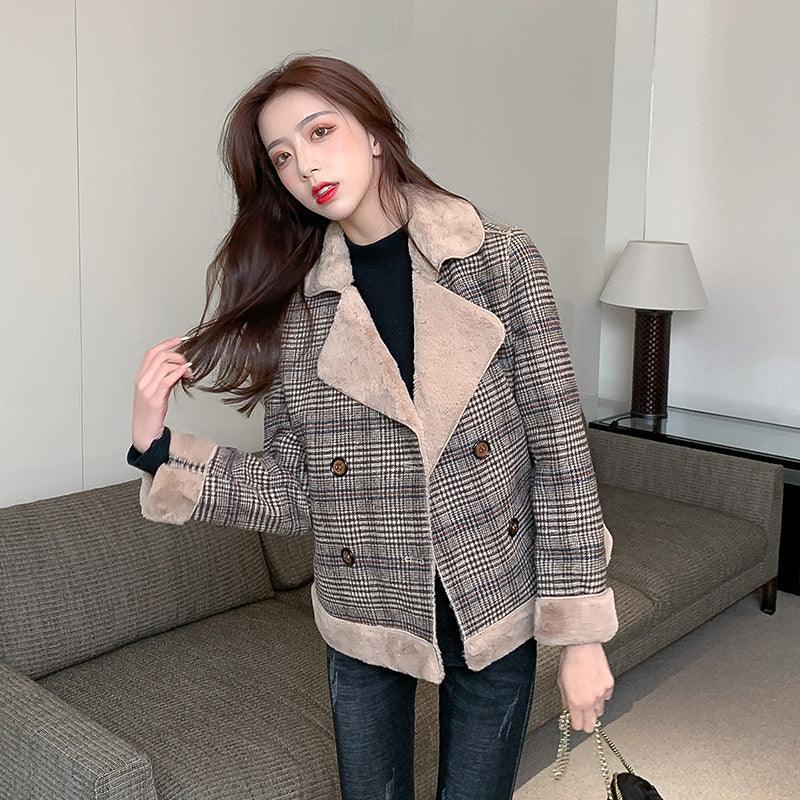 Autumn And Winter Tide All-match Thick Plaid Woolen Fur - Nioor