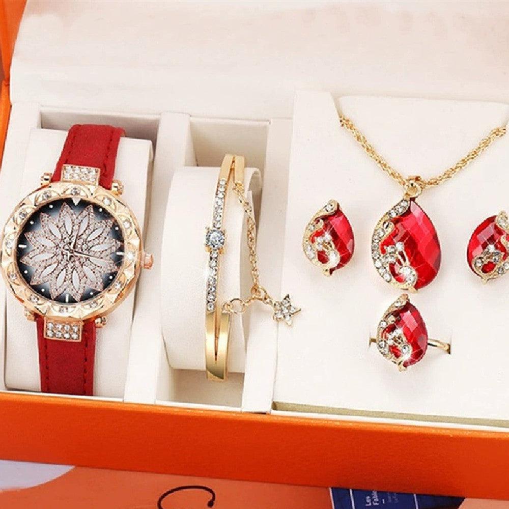 Women's Suit Gift 5-piece Set Watch Bracelet Ring Necklace Earrings Combination Gift Box - Nioor