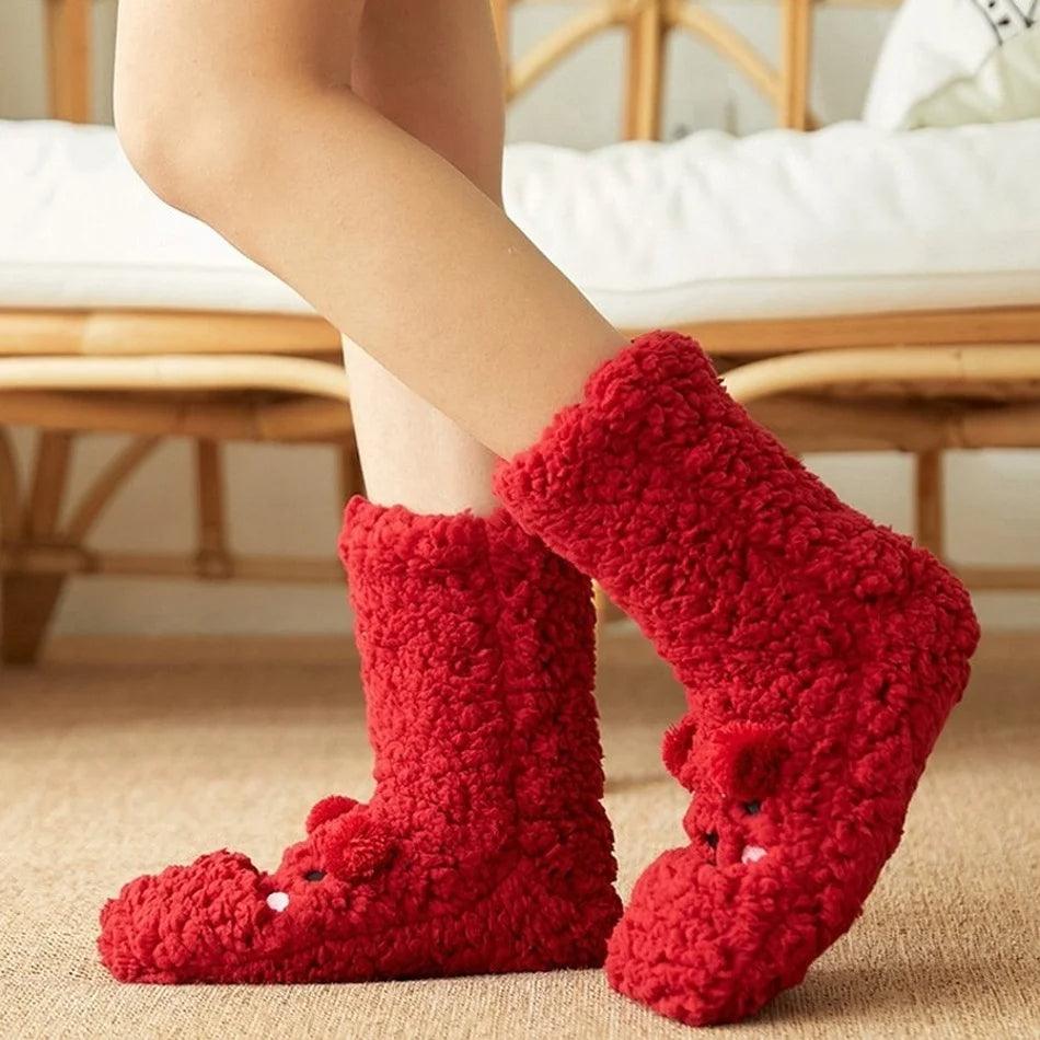 Cute Cartoon Bear Fuzzy Socks For Women, Comfortable Winter Soft Warm Slipper Socks, Casual Sleep Socks For Indoor Women's Fuzzy Socks Winter Warm Fluffy Soft Slipper Home Sleeping Cute Animal Socks - Nioor