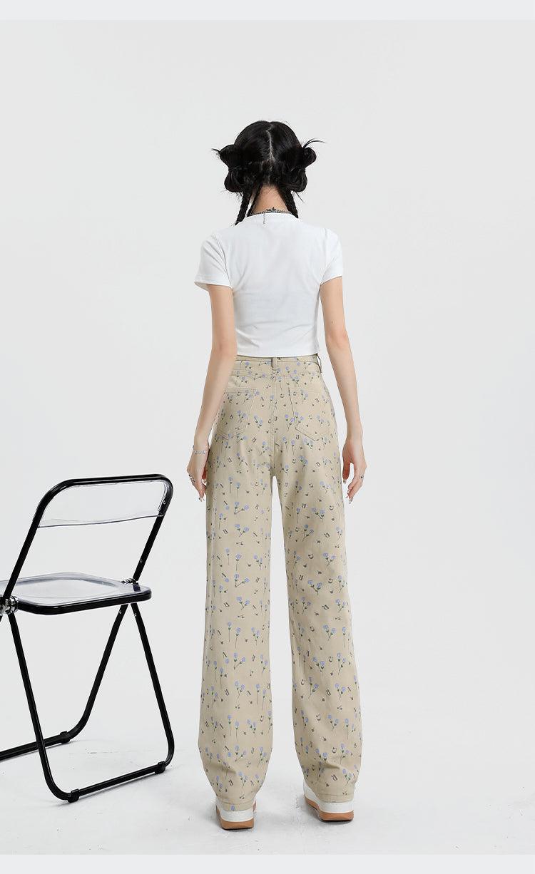 Vintage Floral High Waist Jeans Women's Wide Leg Straight Casual Pants - Nioor