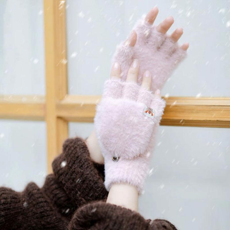 Knitted Plush Flap Half Finger Gloves - Nioor