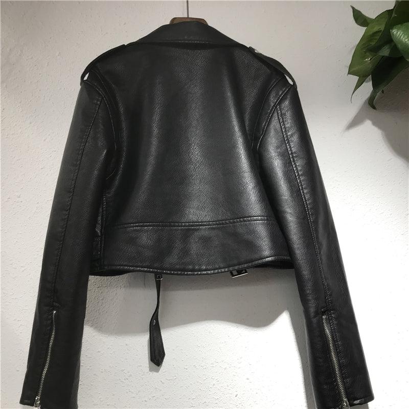 Women's Short Lace-up Motorcycle Pu Leather Jacket - Nioor