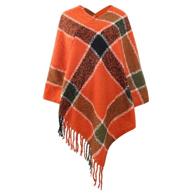 Cashmere Contrast Color Striped Cape Knitted Tassel Scarf - Nioor