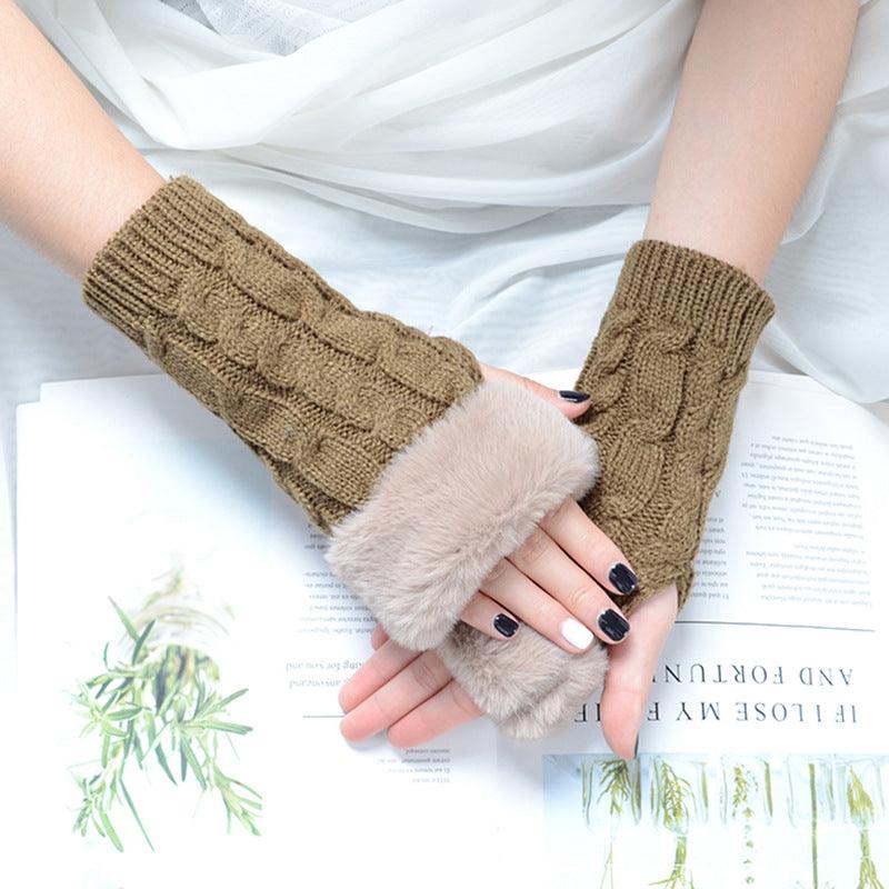 Women's Knitted Half Finger Solid Color Twist Gloves - Nioor