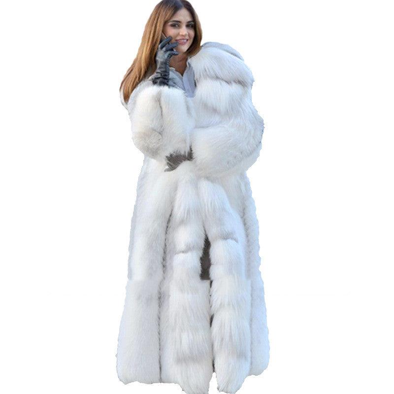 Women's Long Style White Long Fur Coat - Nioor