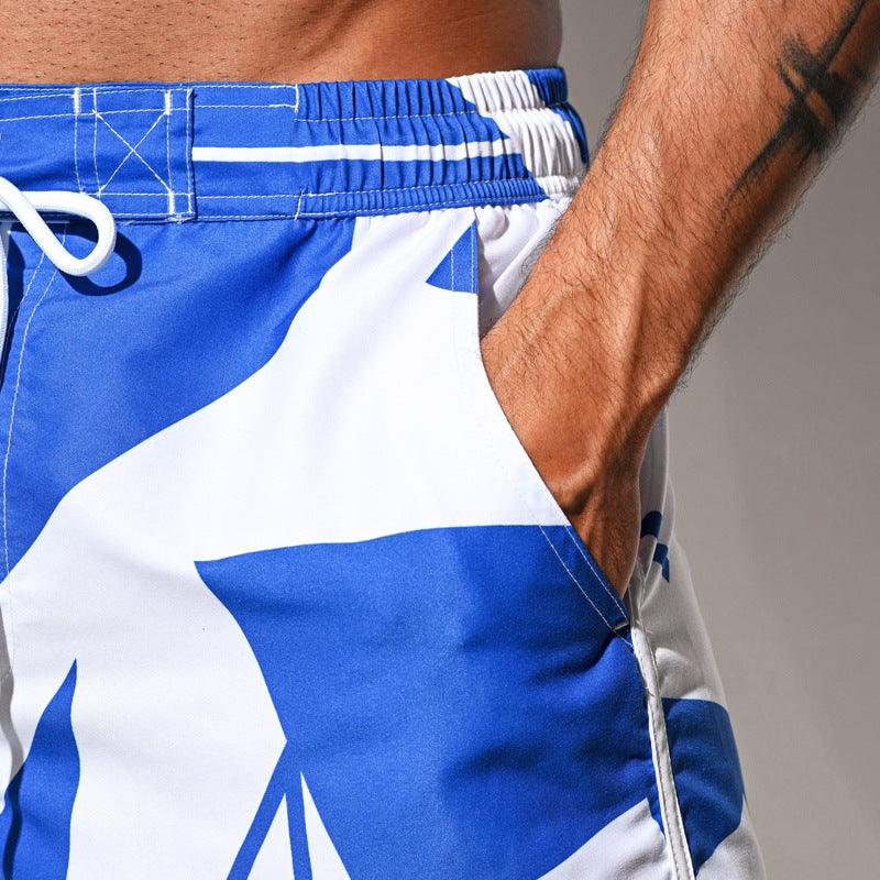 Men's Casual Beach Pants Loose Comfortable Blue And White Printed Beach Shorts - Nioor