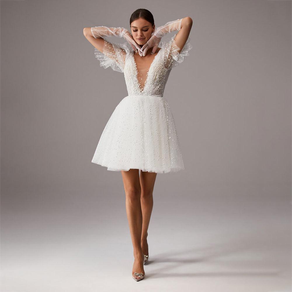 V-Neck Wedding Dress A-Line Short Sleeves Tulle - Nioor