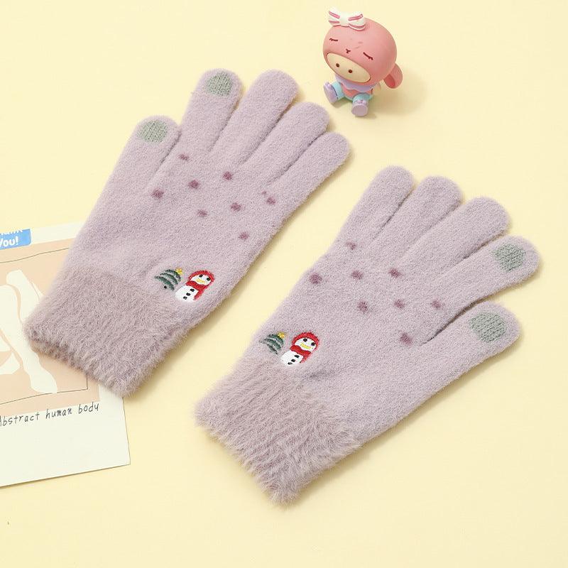 Padded And Thickened Warm Snowman Embroidered Touch Screen Gloves - Nioor