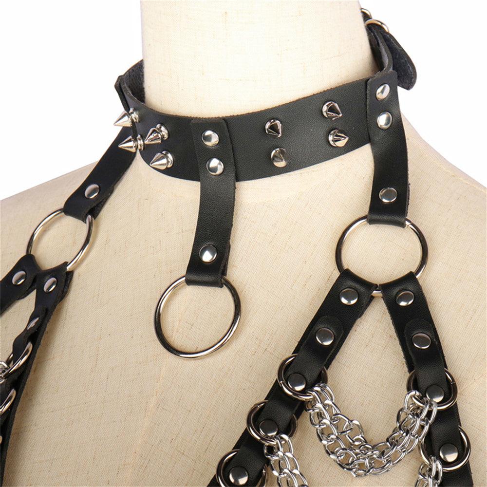 Handsome Lady Studded Punk Collar Belt Nightclub Sexy Metal Chain Strap Punk PU Harness - Nioor