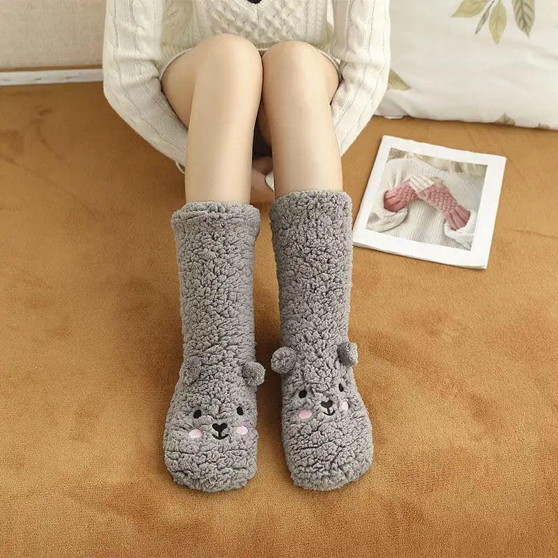 Cute Cartoon Bear Fuzzy Socks For Women, Comfortable Winter Soft Warm Slipper Socks, Casual Sleep Socks For Indoor Women's Fuzzy Socks Winter Warm Fluffy Soft Slipper Home Sleeping Cute Animal Socks - Nioor