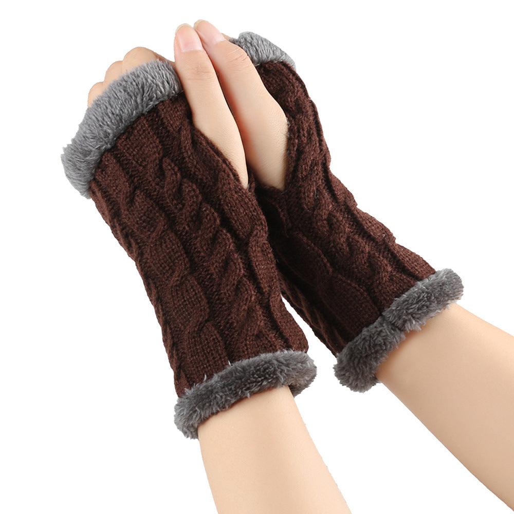 Winter Plush Gloves Twist Knitted Fingerless Fleece Gloves Women Warm Thickened Woolen Gloves - Nioor