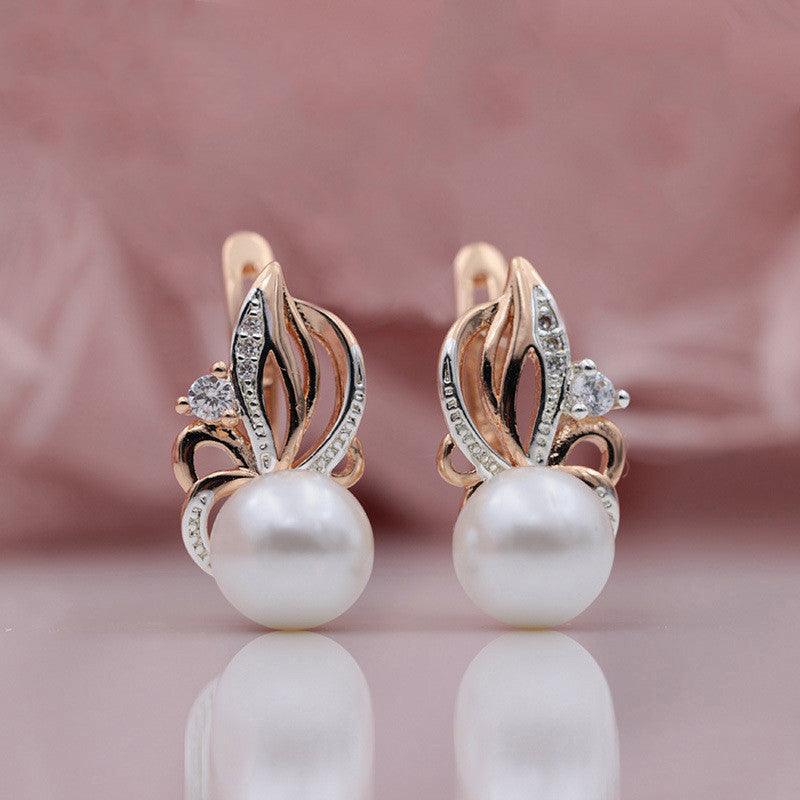 Ladies Flame Rose Gold Shell Pearl Earrings - Nioor