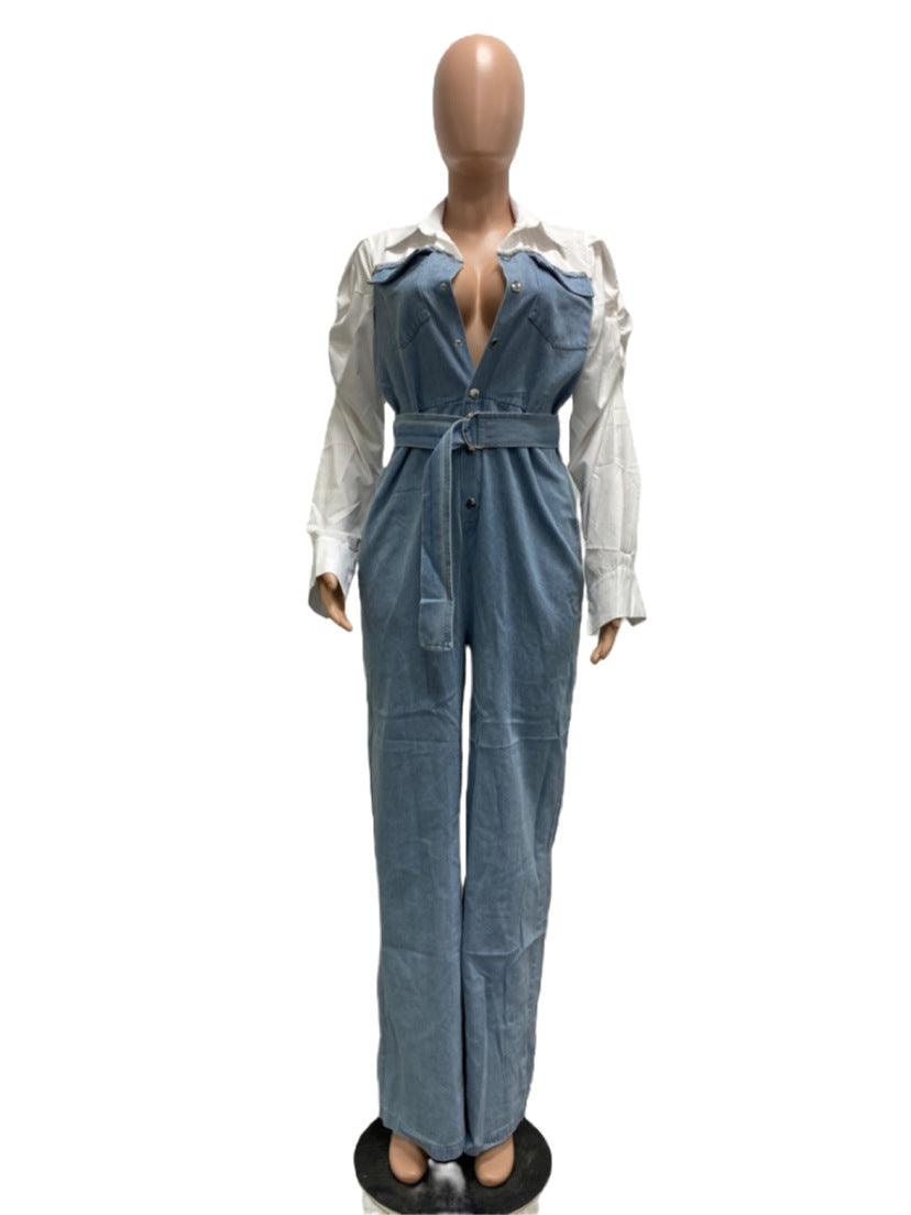 Casual Denim Stitching Plus Size Jumpsuit - Nioor