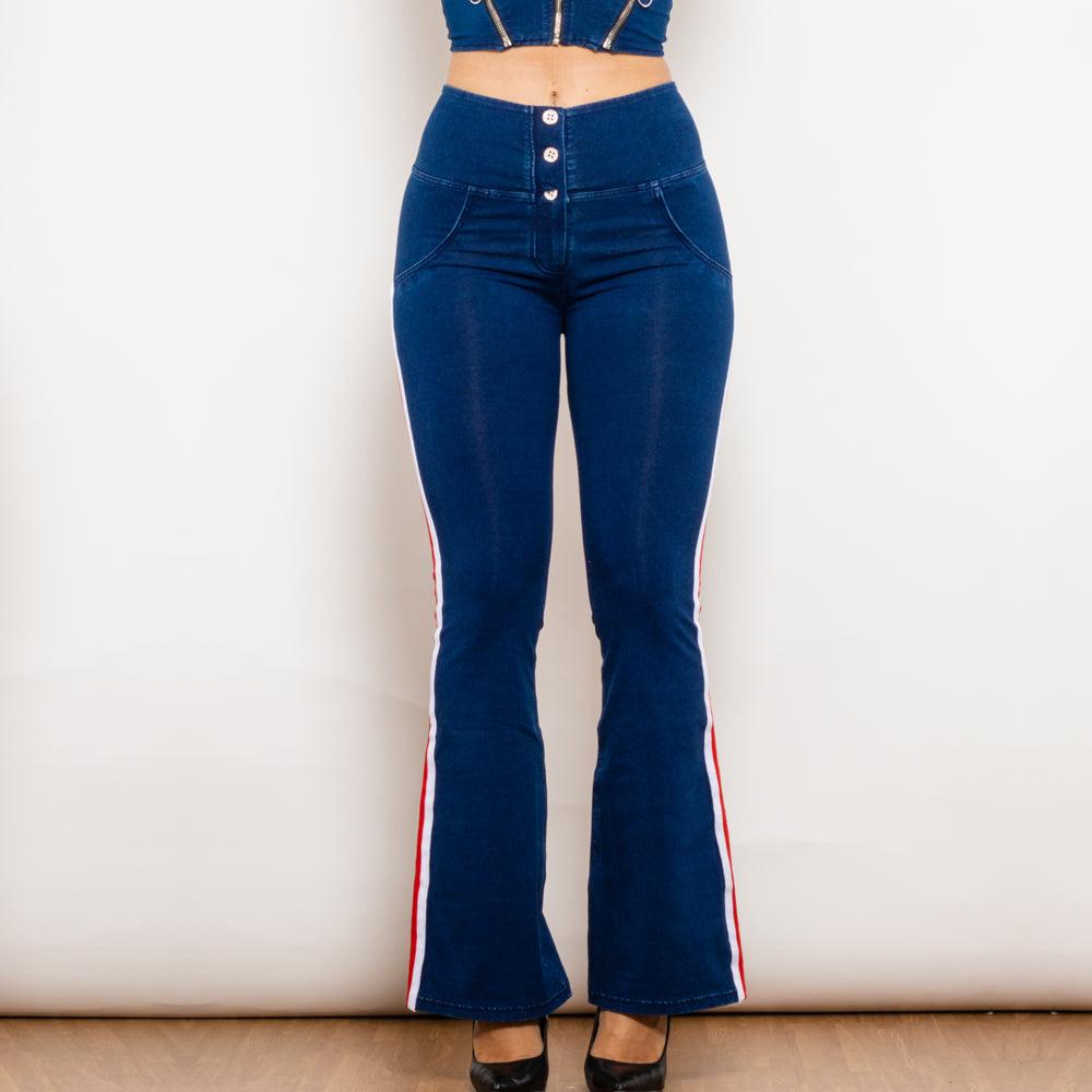 Shascullfites Melody Dark Blue Striped Flared Lift Jeggings Button Up Jeans Bum Lift Jeans High Waist Flare Jeans Women - Nioor