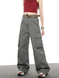 Multi Pocket Loose Casual Straight Wide Leg Pants - Nioor