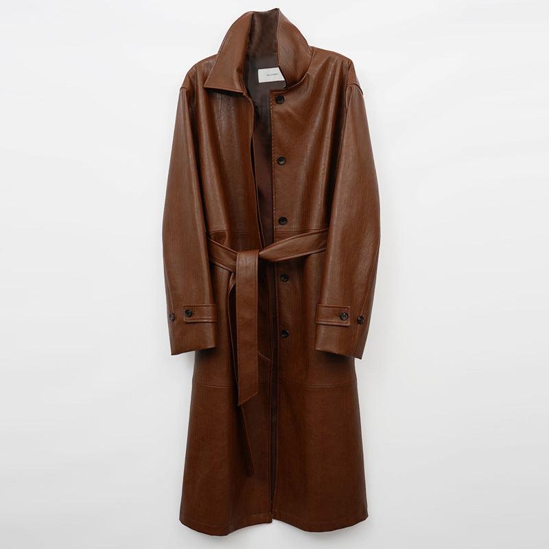 Retro Niche Lapel Waist Belt Single-breasted Long Leather Trench Coat - Nioor