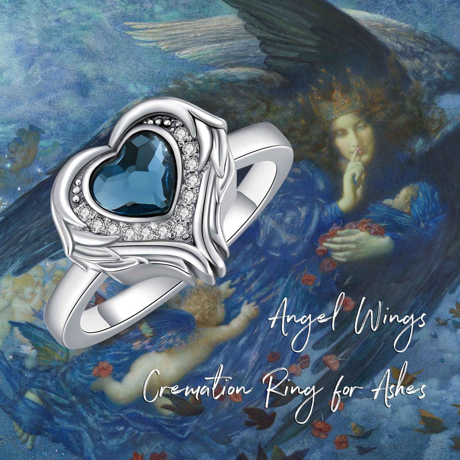 925 Sterling Silver Angel Wing Heart Cremation Urn Holds Loved Ones Ashes Ring - Nioor