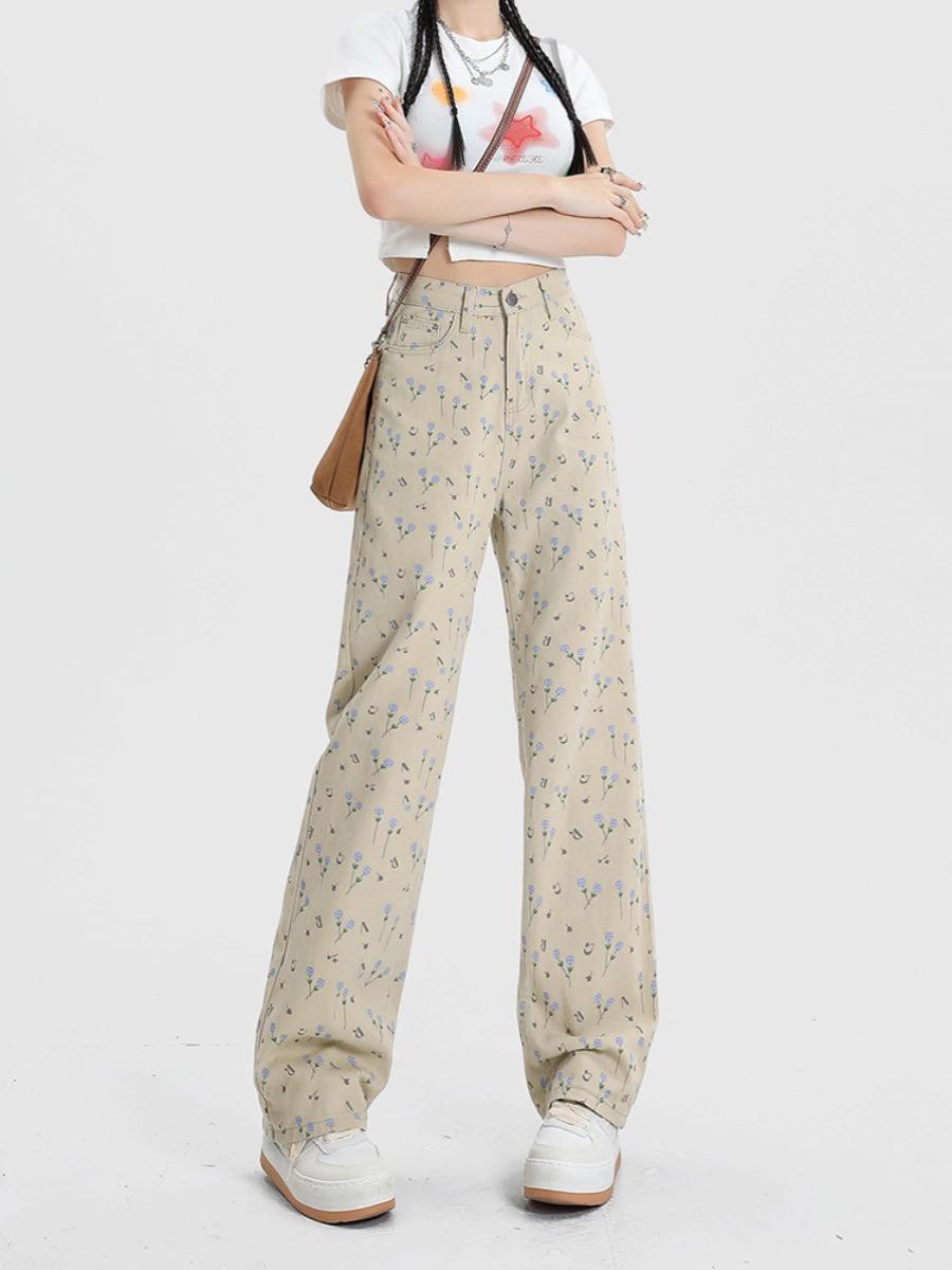 Vintage Floral High Waist Jeans Women's Wide Leg Straight Casual Pants - Nioor