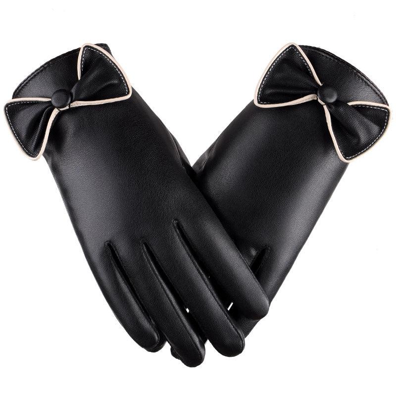 Women's Full-touch Screen PU Leather Warm Cycling Fashion Cute Bow Gloves - Nioor