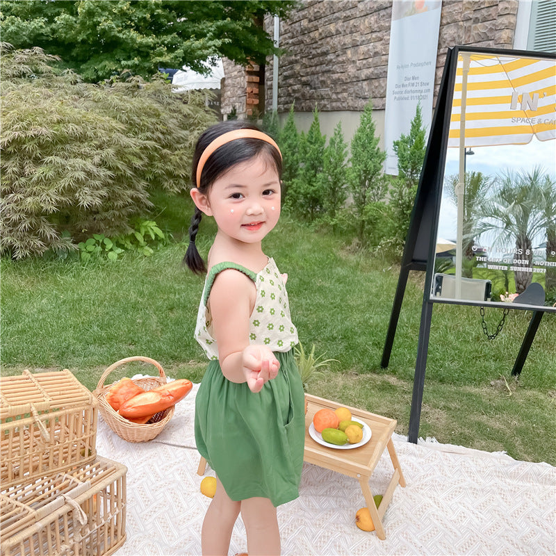 Green Flower Camisole Top And  Shorts Two-piece Suit