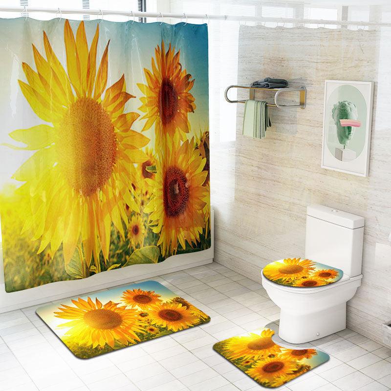 Sunflower Printed Shower Curtain Floor Mat Four-Piece Set - Nioor