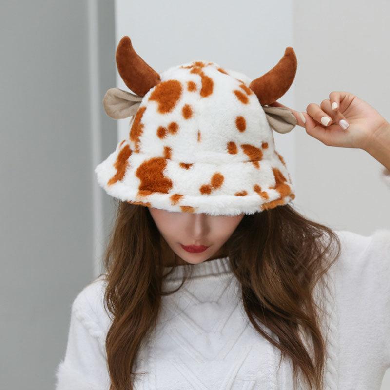 Cow Pattern Fisherman Hat With Cute Horn Winter Fashion Thickened Warm Plush Hat For Women - Nioor