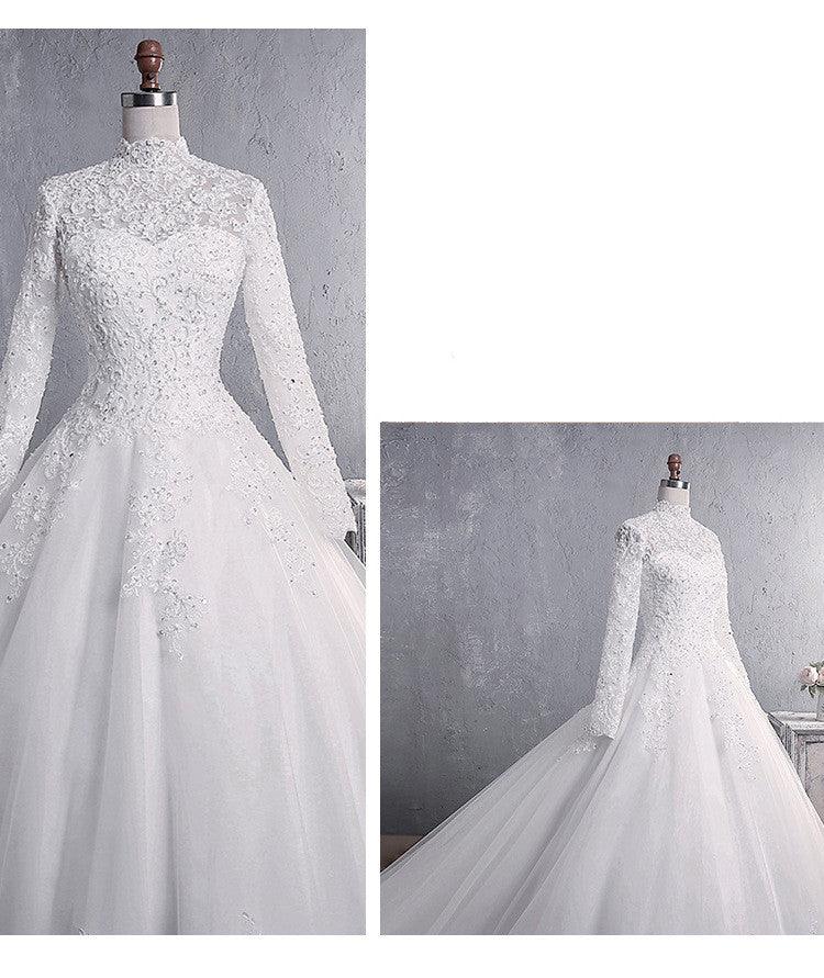 Lace Wedding Dress Bridal Stand-up Collar Long-sleeved Large Tail Large Size - Nioor