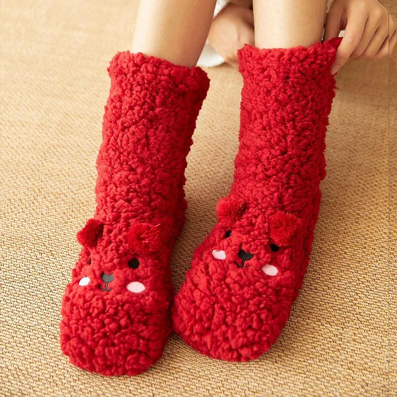 Cute Cartoon Bear Fuzzy Socks For Women, Comfortable Winter Soft Warm Slipper Socks, Casual Sleep Socks For Indoor Women's Fuzzy Socks Winter Warm Fluffy Soft Slipper Home Sleeping Cute Animal Socks - Nioor