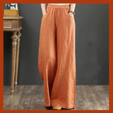 Pure Linen Plus Size Wide Leg Pants Women Drawstring Elastic - Nioor