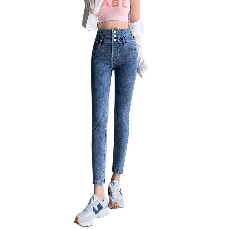 Women's Fashion Temperament High Waist Fleece Padded Jeans - Nioor