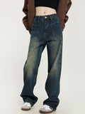 Antique Dark Blue Yellow Mud Color Washed Distressed Straight Jeans - Nioor