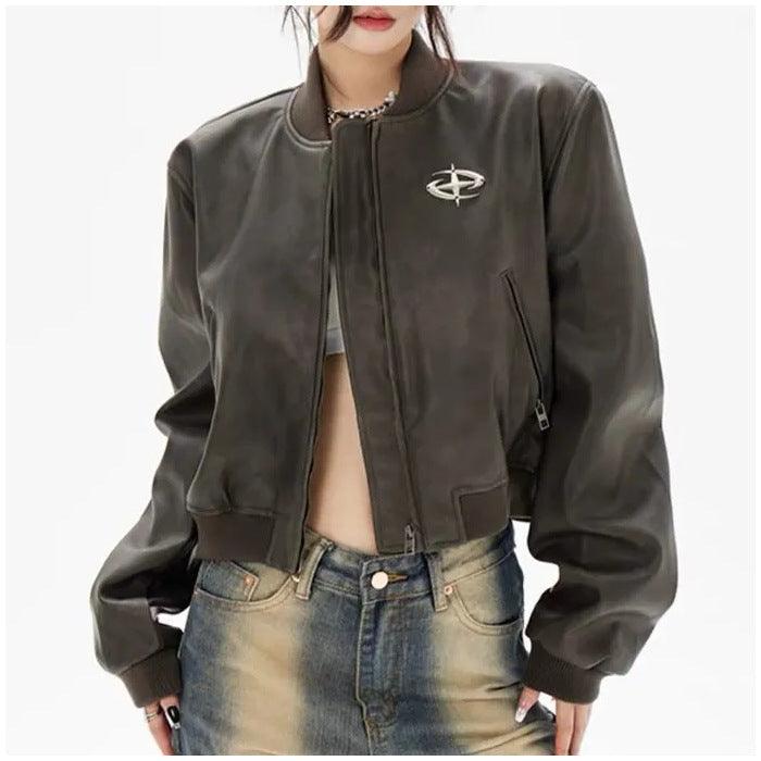 Retro Brown Short Motorcycle Small Leather Coat Pu Jacket Baseball Uniform Baggy Coat Women - Nioor