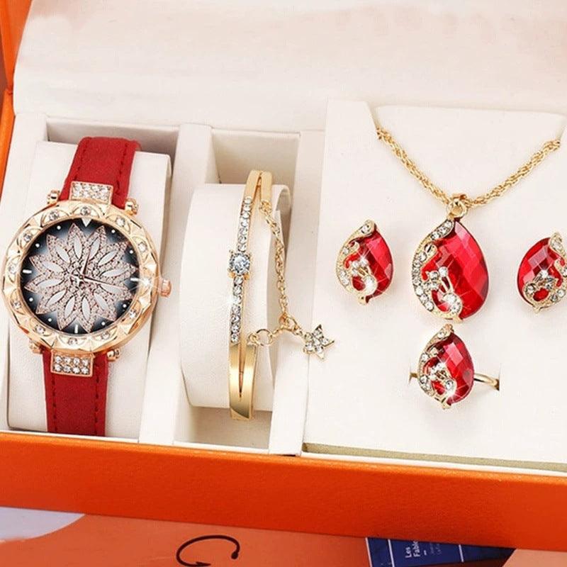 Women's Suit Gift 5-piece Set Watch Bracelet Ring Necklace Earrings Combination Gift Box - Nioor