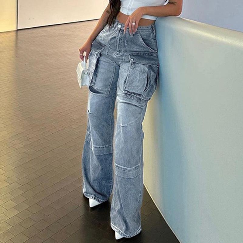 Women's Large Pocket Stitching Tooling High Waist Straight Jeans - Nioor