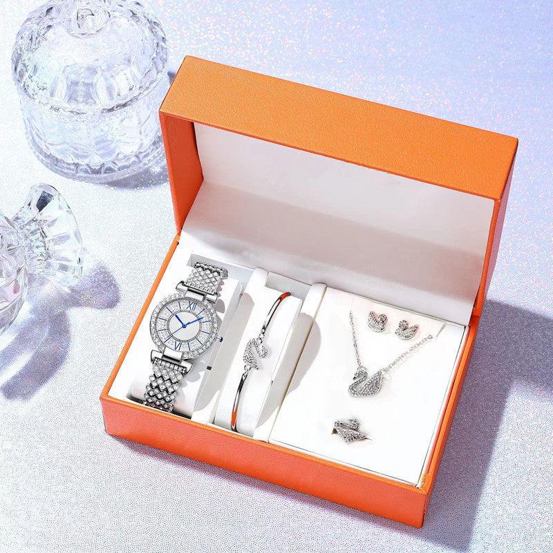 Full Diamond Roman Characters Five-piece Women's Fashion Watch Set - Nioor