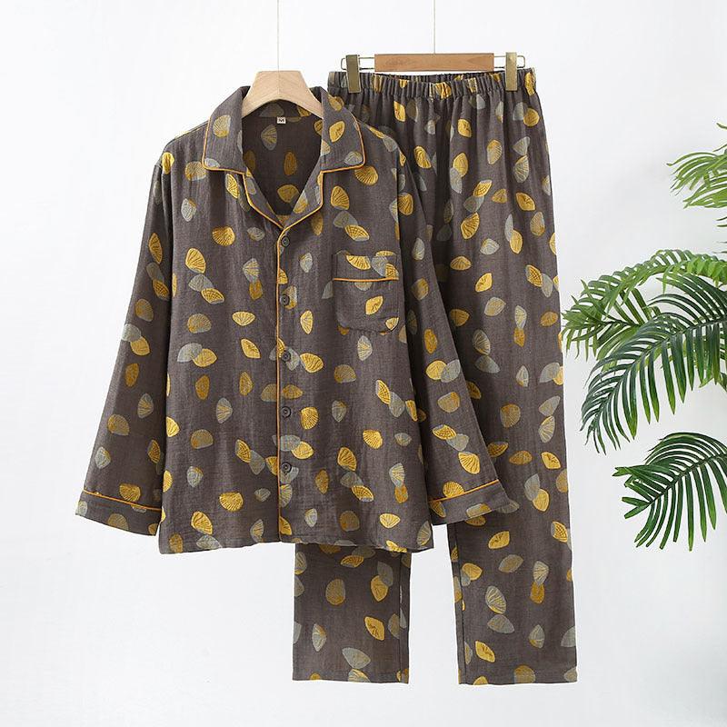 Pure Cotton Double-layer Sheer Men's Long Sleeved Jacquard Pajama Set - Nioor